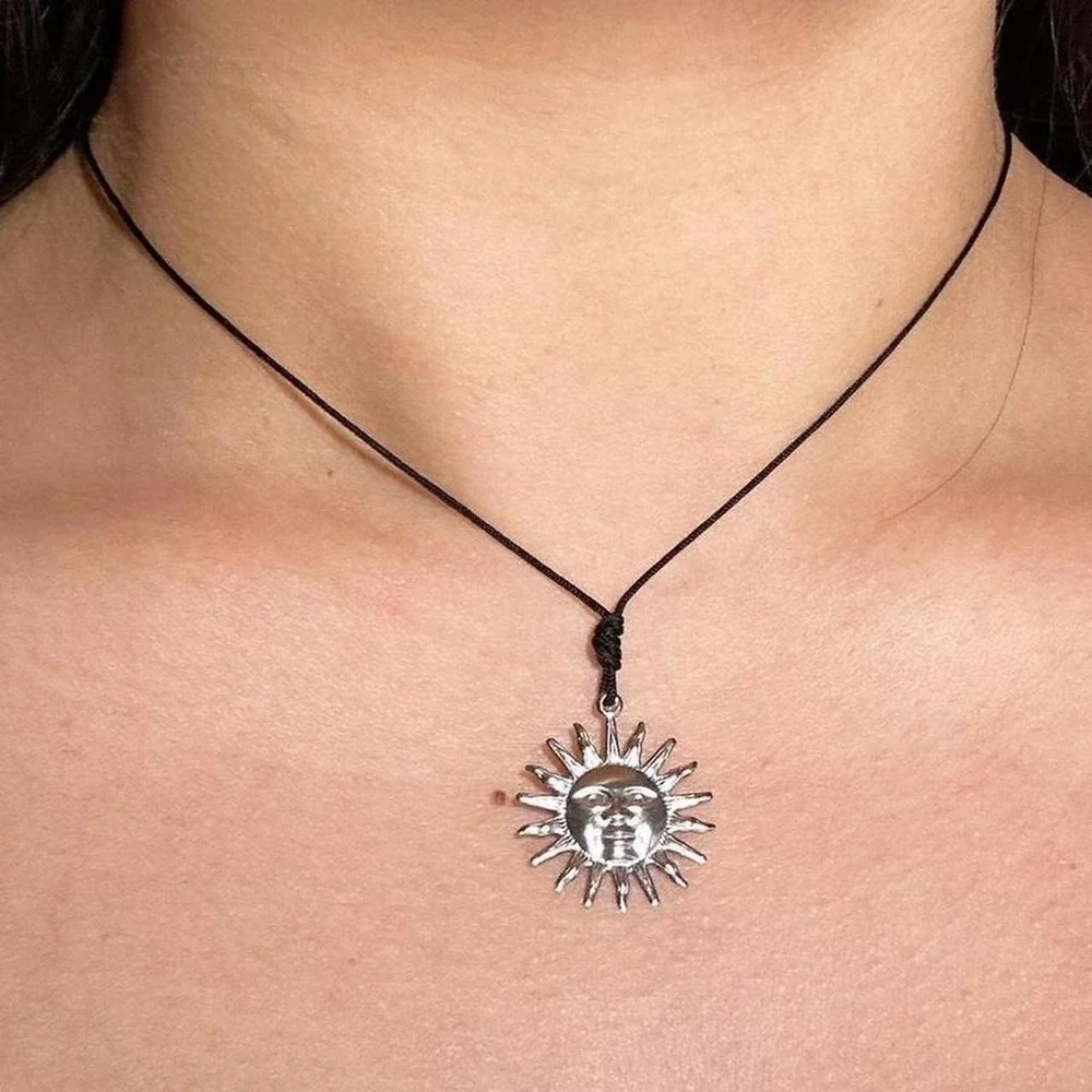 Stainless steel dainty sun necklace adjustable earthy dainty black nylon cord